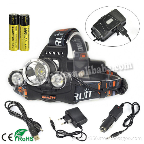 BORUIT RJ-5000 3x Cree XM-L2 4-Modes 6000 Lumens Super Bright LED Head Torch